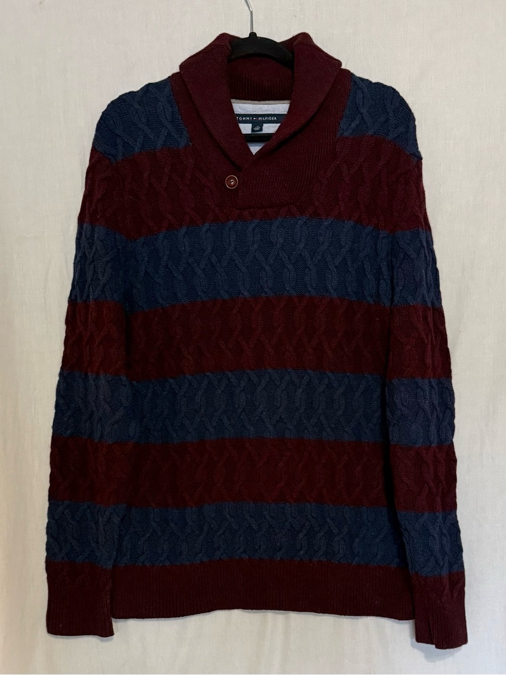 Tommy Hilfiger Men L Burgundy Blue Striped Cable Knit Shawl Collar Wool Pullover